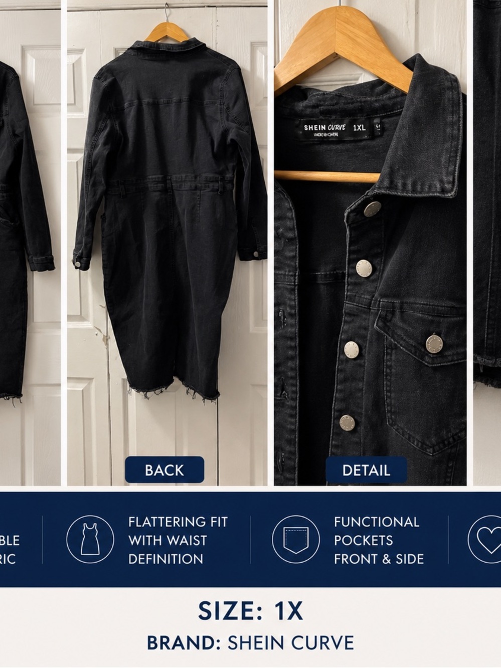 SHEIN Black Long Distressed Denim Jacket Dress
